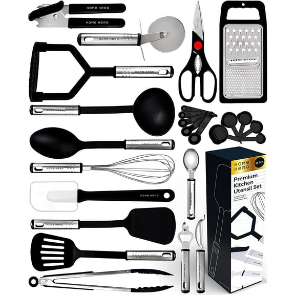 Home Hero 25 Pcs Silicone Spatula Kitchen Utensils Set - Stainless Steel and Nylon, Black