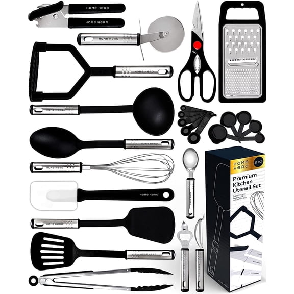 Home Hero 25 Pcs Silicone Spatula Kitchen Utensils Set - Stainless Steel and Nylon, Black