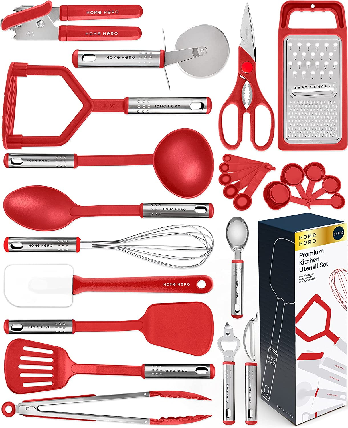 Cooking Utensils Set - 24 Pieces Nylon Kitchen Gadgets, Spatula Set with  Stainless Steel Handles - Heat Resistant Kitchen Utensils Set - Red Kitchen