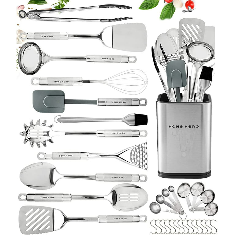 Home Hero Stainless Steel Kitchen Utensil Set Non Stick Cooking Utensils  with Spatula Measuring Cups And More 54 Pcs Gift Set