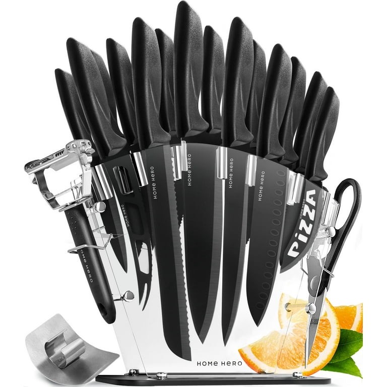 Home Hero - Kitchen Knife Set & Steak Knifes - Ultra-Sharp, High Carbon - Stainless Steel, Black, 16 Pcs, Size: 16 Pieces