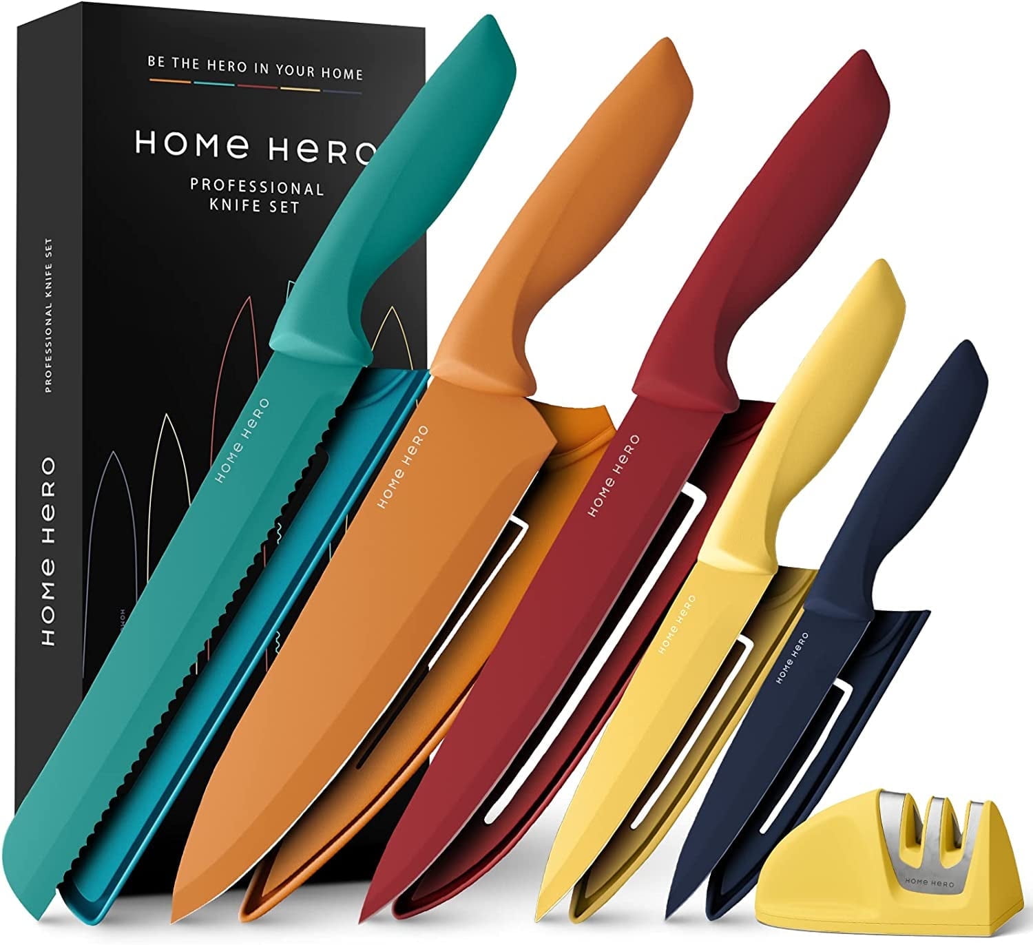Home Hero - Kitchen Knives - Knife Set for Kitchen w/ Sheath, Rainbow Cooking Kitchen Knives - Colorful Kitchen Knife Set - 5 Pcs, Size: 5 Pieces
