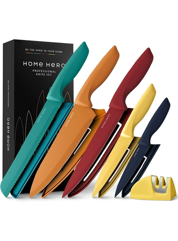Home Hero - Kitchen Knife Set & Steak Knifes - Ultra-Sharp, High Carbon - Stainless Steel, Multicolor, 5 Pcs
