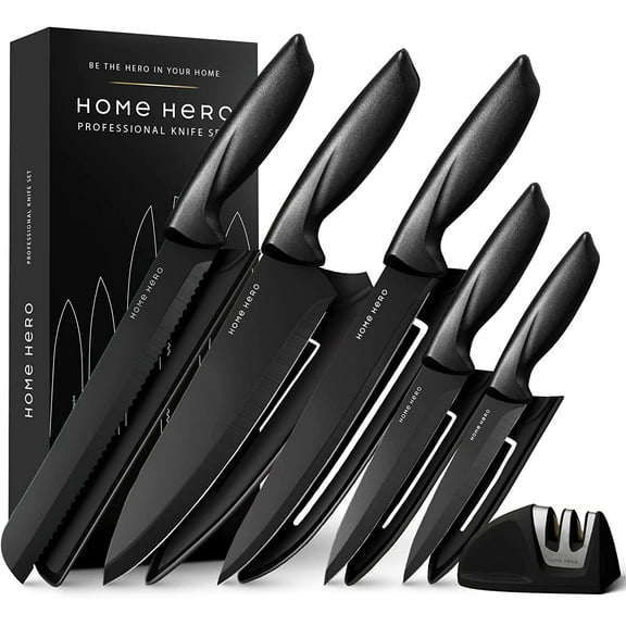 Home Hero - Kitchen Knives - Chef Knife Set w/ Block - Stainless Steel Kitchen Knives w/ Stand - Black, 5 Pieces