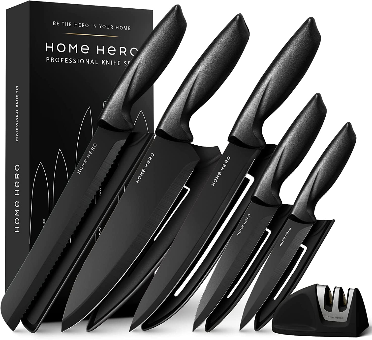 Home Hero - Kitchen Knives - Chef Knife Set w/ Block - Stainless Steel Kitchen Knives w/ Stand - Black, 5 Pieces