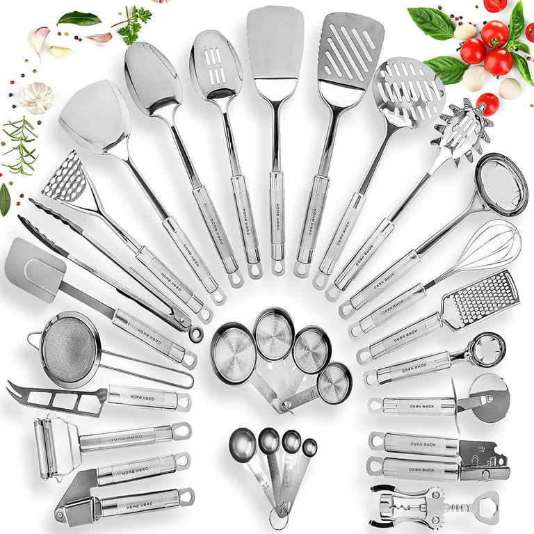 Home Hero Stainless Steel Kitchen Utensil Set Non Stick Cooking Utensils  with Spatula Measuring Cups And More 54 Pcs Gift Set