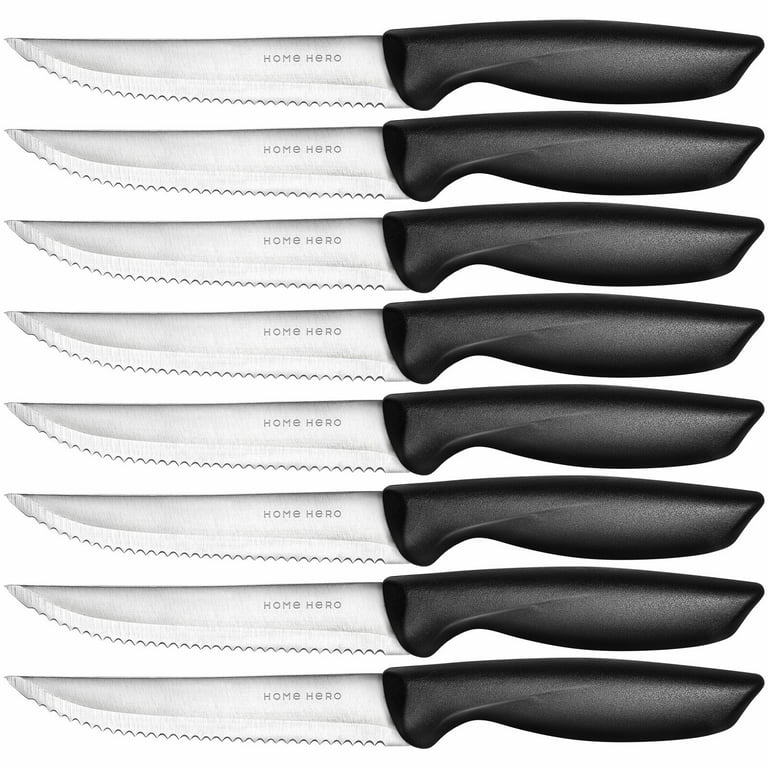  Home Hero 8 pcs Stainless Steel Steak Knife Set - Serrated Steak  Knives Set - Dishwasher Safe - (Black, Stainless Steel): Home & Kitchen