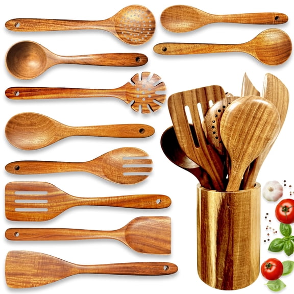 Home Hero Wooden Utensil Set 11 Pcs - Natural Teak Wooden Kitchen Utensils Set with Sturdy, Easy-to-Clean Wooden Spoons for Cooking - Non-Scratch Teak Cooking Utensils (11 pcs) Y101