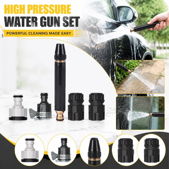Home High-Pressure Water Gun Set, High Power Water Gun, Garden Hose Connectors and Fittings, Powerful High-Pressure Water Gun for Car, 6X1 Inch Alloy Black 5-Piece Blister Pack