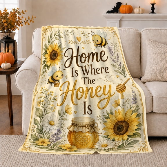 Home Is Where Honey Is Bees Sunflowers Watercolor, Cozy Friendship Quote Scene, Warm Flannel Blanket for Living Room and Reading Nook, Art Lovers Friendship Gift, Artistic Home Decor