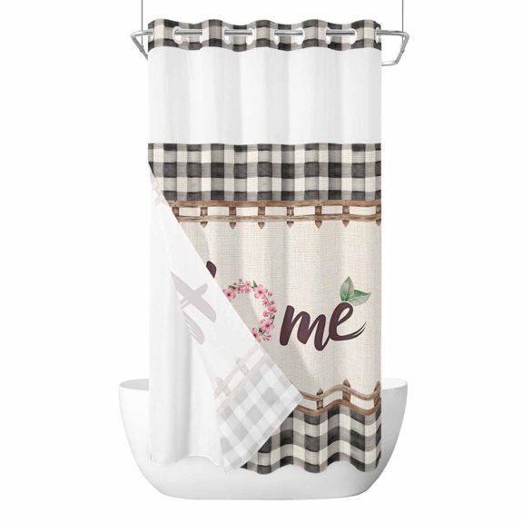 Home No Hooks Shower Curtain with Snap-in Liner Spring Flower Ring Leaf Wooden Barriers Gray Plaid Linen Texture Shower Curtains for Bathroom, Waterproof, Easy Install, Washable 36"x72"