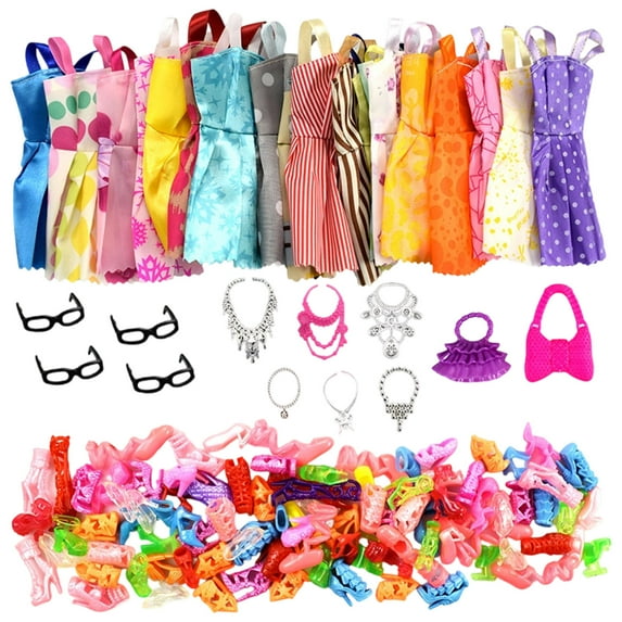Home INC 32 Item/set Doll Accessories=10 x Clothes,10 x Shoes,6 Necklaces,6 Crowns For Barbie Doll