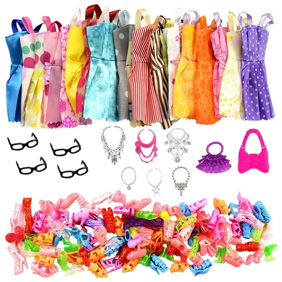 Home INC 32 Item/set Doll Accessories=10 x Clothes,10 x Shoes,6 Necklaces,6 Crowns For Barbie Doll