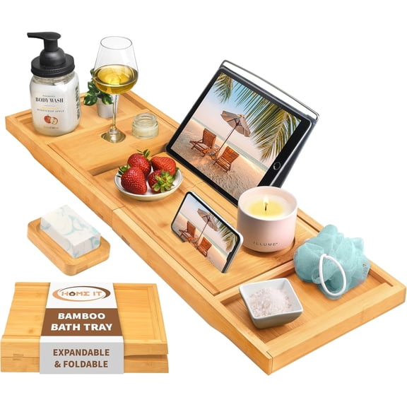 Home IT Premium Wood Bathtub Tray  Expandable Waterproof Bath Caddy with Wine, Book, Phone & Soap Holder  Foldable Luxury Gift