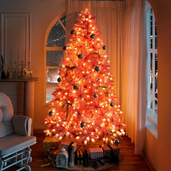 Naomi Home 6.5ft Pink Christmas Tree with Lights, Unique Colored Christmas Tree Prelit with 978 Branch Tips, 450 Warm Lights and Metal Stand, Aritificial Christmas Tree