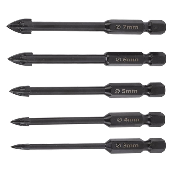 Home Improvement Tile Drill Bit Set, 5-Piece Carbide Tip for Ceramic, Concrete, Wood, and Masonry, Black