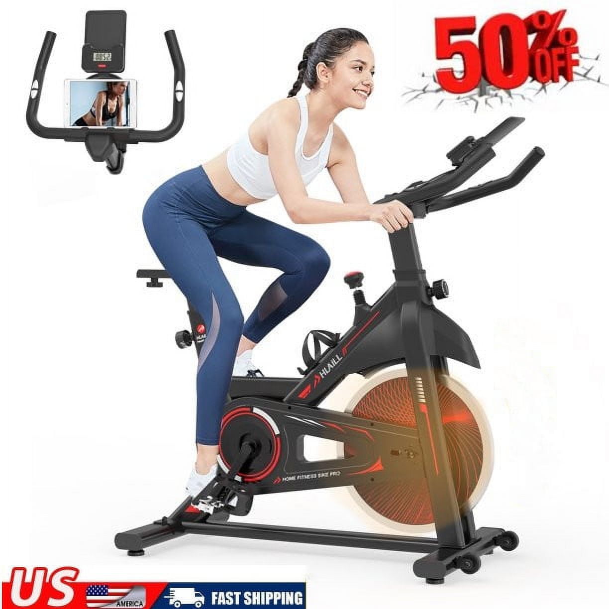 Home Indoor Cycling Bike Stationary - Exercise Bike with Comfortable Seat Cushion, Phone/Ipad Bracket, Heavy Flywheel and LCD Monitor for Home Gym