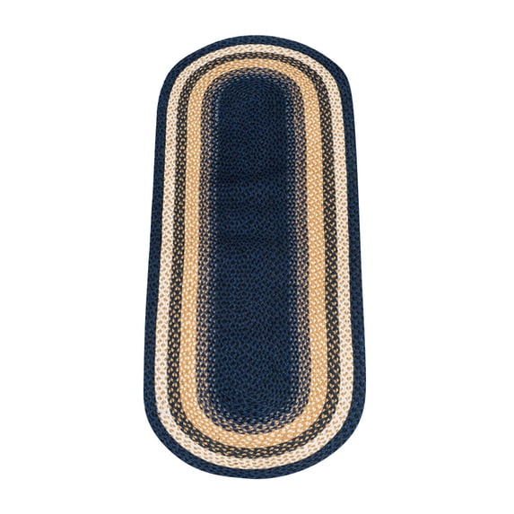Home Indoor Decorative Jute C-079 Light & Dark Blue, Mustard Braided Rug, Oval 2' x 6'