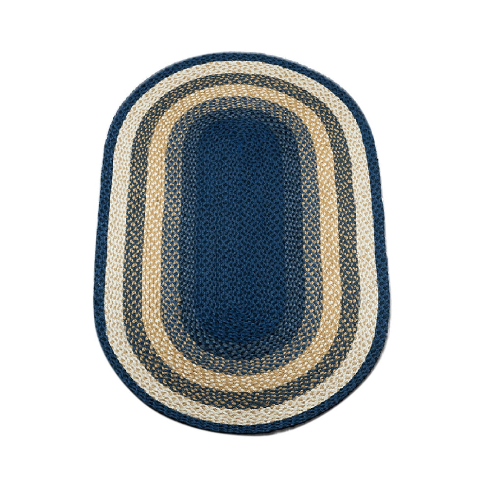 Light Blue and Mustard Oval Braided Jute Area Rug 3'x5'
