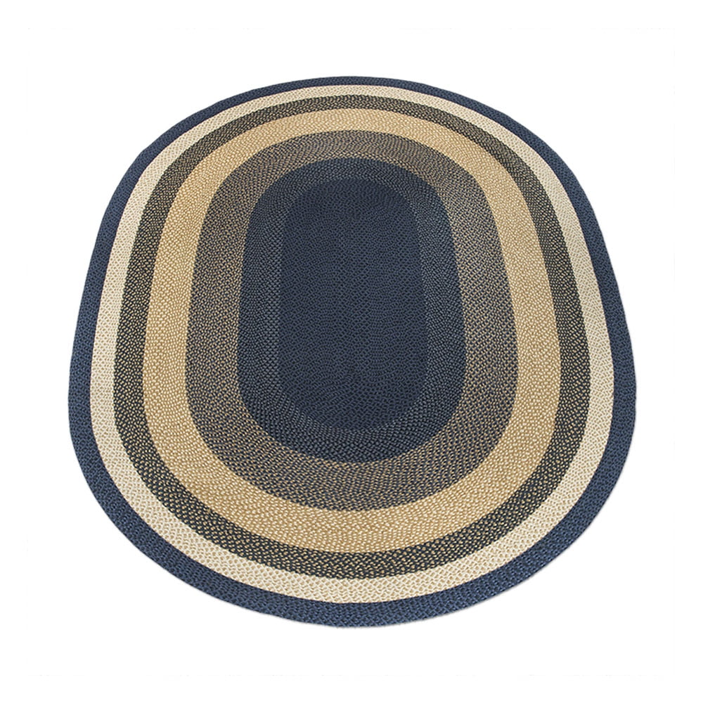 Handmade Oval Jute Rug in Light and Dark Blue, Mustard 8' x 11'