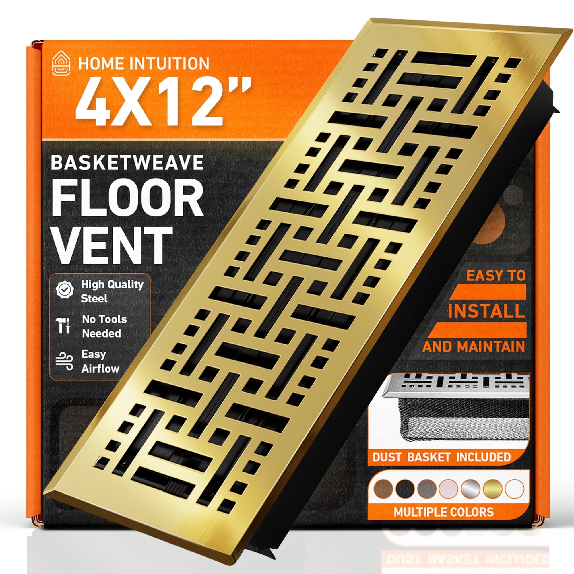 4x12 Floor Vent Covers Floor Register with Mesh Cover Trap, Heat and Air, Walkable Metal Floor Register for HVAC Duct, Basketweave, Polished Brass