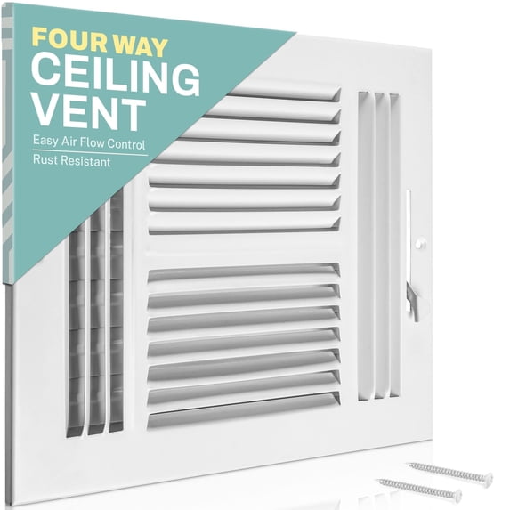 Ceiling Register - Air Vent Covers for Home Ceiling or Wall - 10X10 Inch (Duct Opening) 4-Way White Grille Register Cover with Adjustable Damper for HVAC Heat and Cold Air Conditioner