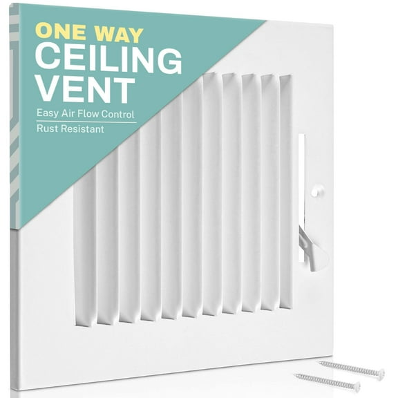 Ceiling Register - Air Vent Covers for Home Ceiling or Wall - 12X6 Inch (Duct Opening) 1-Way White Grille Register Cover with Adjustable Damper for HVAC Heat and Cold Air Conditioner