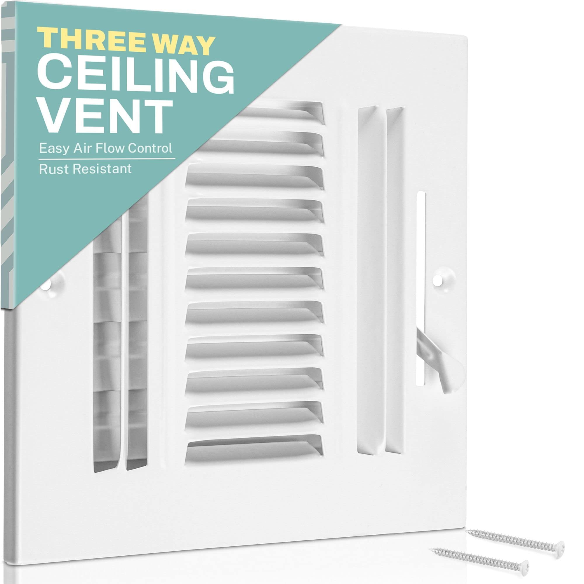 White Steel 8x4 Inch 3-Way Ceiling Vent Cover with Adjustable Damper