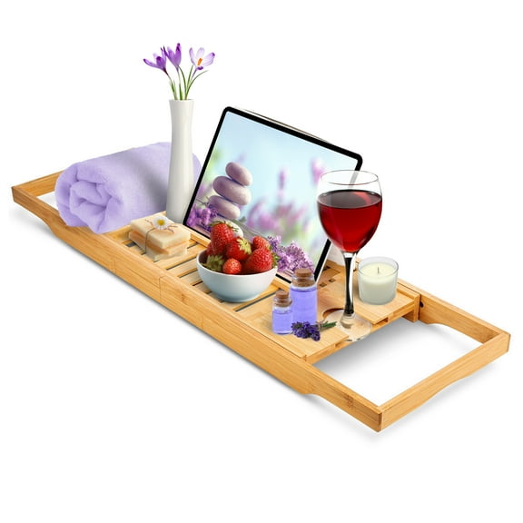 Home Intuition Expandable Bamboo Bath-Tub Table Tray Caddy 27.75 - 41.5 inches