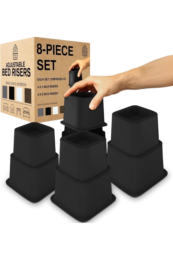 Bed Risers Heavy Duty Adjustable Bed Furniture Riser 3, 5 or 8.7-Inch, 4 Pack, 8-Piece Set, Black