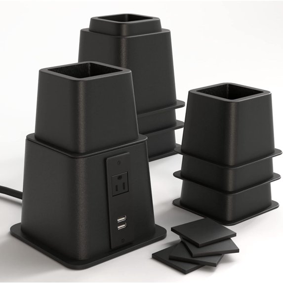 Home Intuition Bed Risers Heavy Duty Adjustable Furniture Riser 3, 5 or 8-Inch, 4 Pack (Black W/ USB)