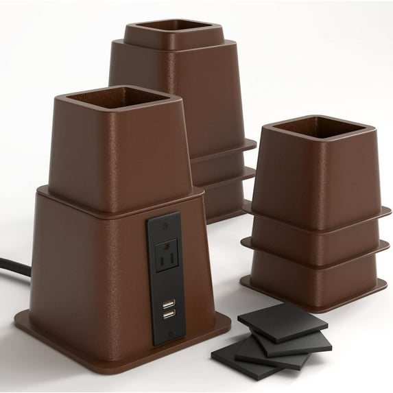 Home Intuition Bed Risers Heavy Duty Adjustable Furniture Riser 3, 5 or 8-Inch, 4 Pack (Espresso Brown W/ USB)