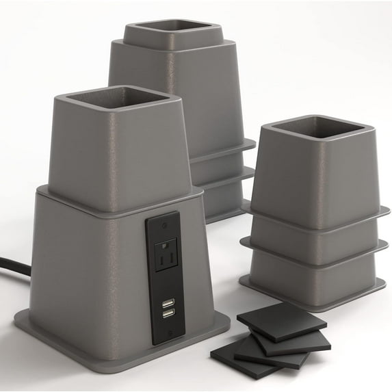Home Intuition Bed Risers Heavy Duty Adjustable Furniture Riser 3, 5 or 8-Inch, 4 Pack (Grey W/ USB)