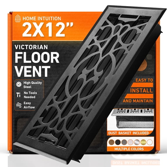 2x12 Floor Vent Covers Floor Register with Mesh Cover Trap, Heat and Air, Walkable Metal Floor Register for HVAC Duct, Victorian, Matte Black