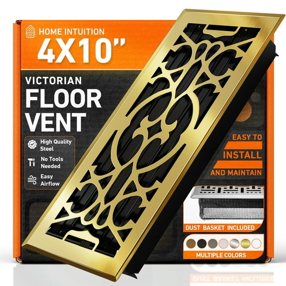 4x10 Floor Vent Covers Floor Register with Mesh Cover Trap, Heat and Air, Walkable Metal Floor Register for HVAC Duct, Victorian, Polished Brass