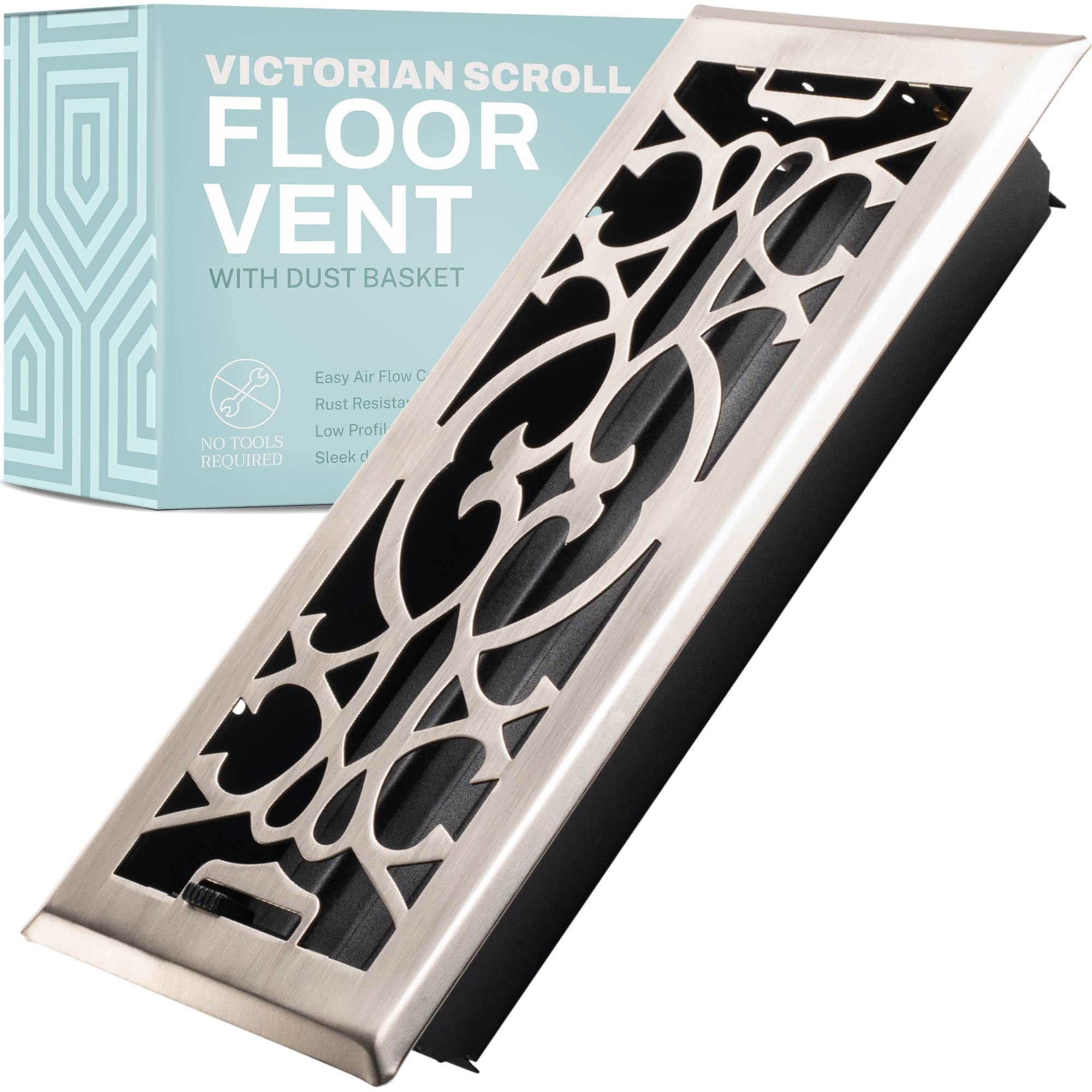 Victorian Satin Nickel Decorative Floor Vent Register with Mesh Cover
