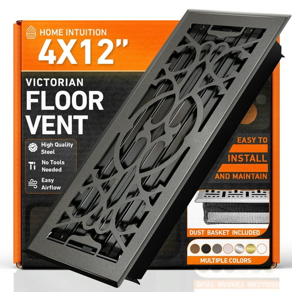 4x12 Floor Vent Covers Floor Register with Mesh Cover Trap, Heat and Air, Walkable Metal Floor Register for HVAC Duct, Victorian, Dark Grey