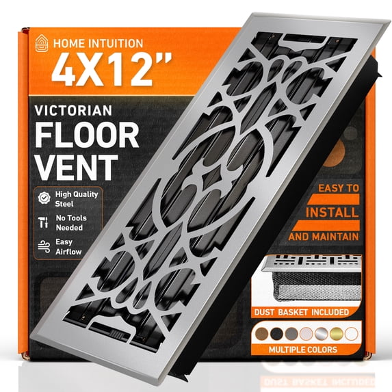 4x12 Floor Vent Covers Floor Register with Mesh Cover Trap, Heat and Air, Walkable Metal Floor Register for HVAC Duct, Victorian, Light Grey