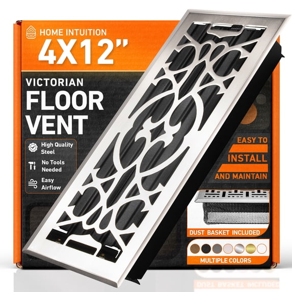 4x12 Floor Vent Covers Floor Register with Mesh Cover Trap, Heat and Air, Walkable Metal Floor Register for HVAC Duct, Victorian, Satin Nickel