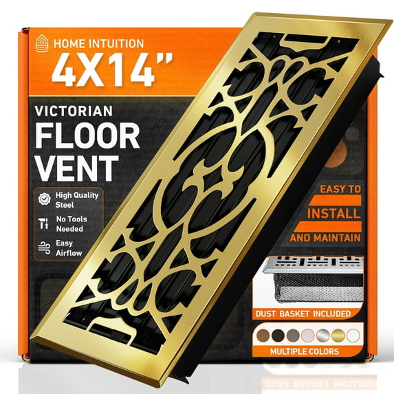 4x14 Floor Vent Covers Floor Register with Mesh Cover Trap, Heat and Air, Walkable Metal Floor Register for HVAC Duct, Victorian, Polished Brass