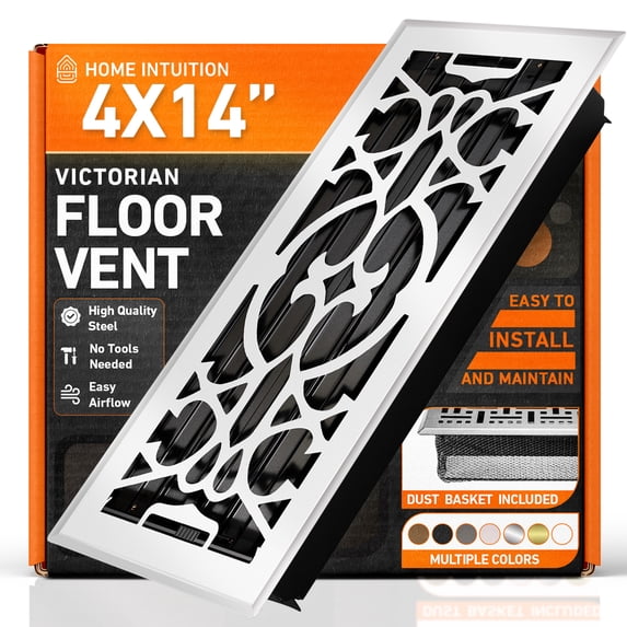 4x14 Floor Vent Covers Floor Register with Mesh Cover Trap, Heat and Air, Walkable Metal Floor Register for HVAC Duct, Victorian, White
