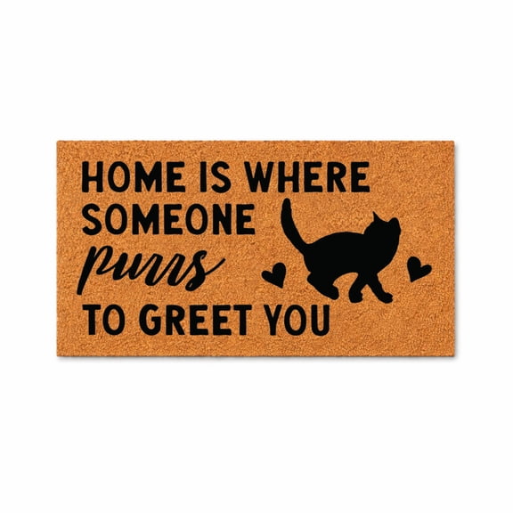 Home Is Where Someone Purrs To Greet You, Cat Silhouette With Hearts - Brown Coir PVC Outdoor Doormat (16x24 inches)