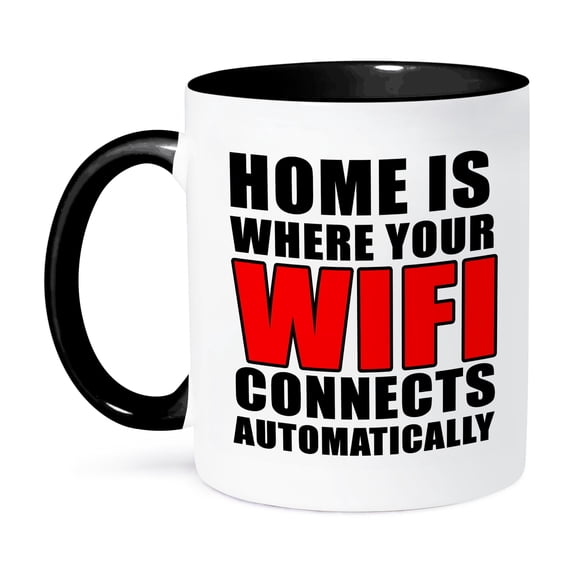 3dRose, Home Is Where Your Wifi Connects Automatically Red, 15oz Two-Tone Black Mug