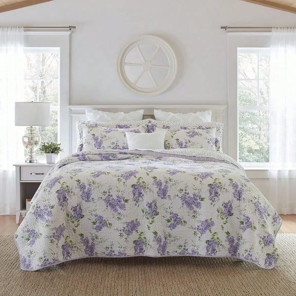 Home Keighley Collection Quilt Set 100 Cotton Reversible Lightweight Bedding With Matching Sham S PreWashed For Added Softness Queen Lilac Set Of 3 221051