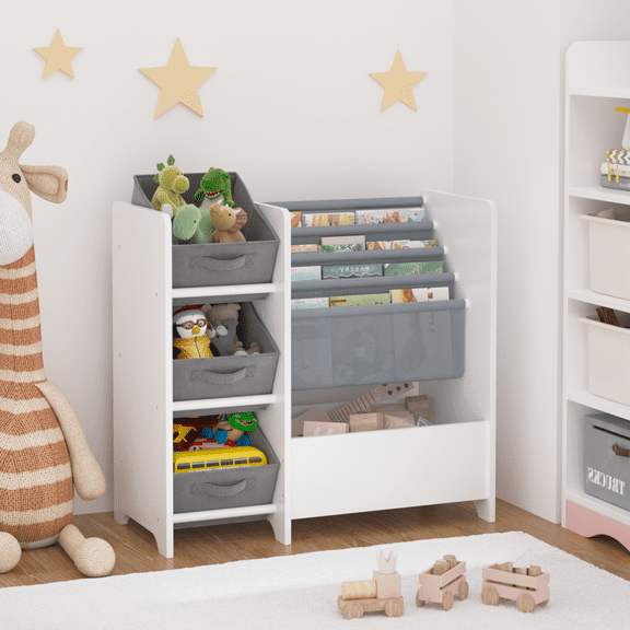 Home Kids Bookshelf, Multifunctional 4-Layer Children's Bookshelf With 3 Foldable Fabric Drawers, Wood Kids Toy Storage Organizer For Classroom, Playroom, Nursery