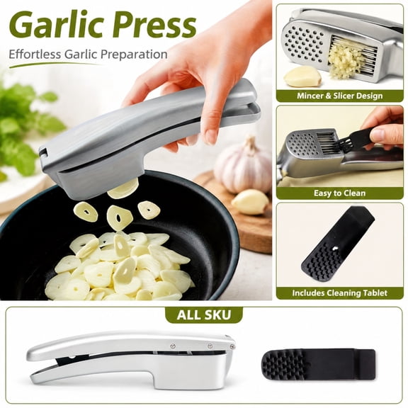 Home and Kitchen 2-In-1 Aluminum Alloy Garlic Slicer and Press, Garlic Press, Garlic Chopper, Manual Chopper, Safe 8X2X1.5 Inch Kitchen Gadget, Comes with Bonus Brush for Seamless