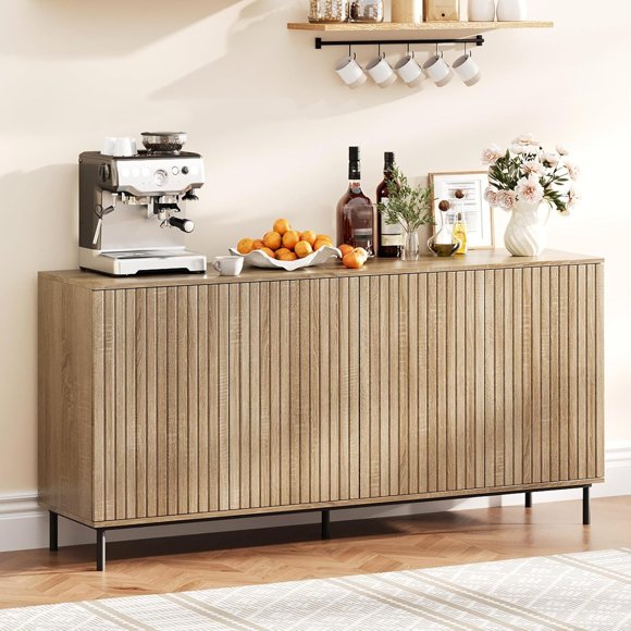 Home Kitchen 63" Sideboard Cabinet with Adjustable Shelves,Sideboard with 4 Fluted Doors & Metal Legs, Kitchen Buffet Cabinet Console Table for Living Room Entryway