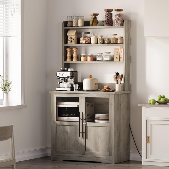 Home Kitchen Bakers Rack with Storage Cabinet, Microwave Stand with Power Outlets, Farmhouse Bakers Rack with Thick Table Top, Small Kitchen Bakers Rack for Kitchen,Dining Room