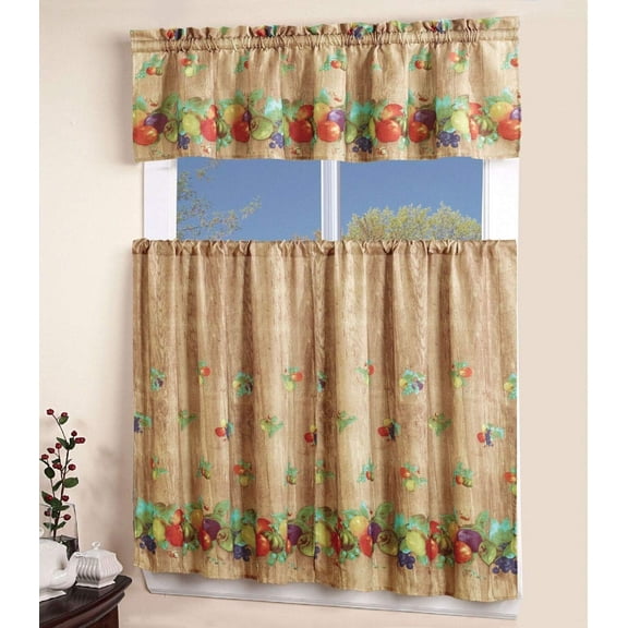 Home Kitchen Curtain Linen 3 Piece Set - 2 Tiers + 1 Tailored Valance, Apples Grapes Fruit Design Linen Stylish Window Curtains for Your Kitchen Décor, KC Sheen