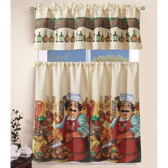 Home Kitchen Curtain Linen 3 Piece Set - 2 Tiers + 1 Tailored Valance, Tucancy Italy Italian Chef Pizza Cooking Design Linen Stylish Window Curtains for Kitchen Décor, KC Tuscany